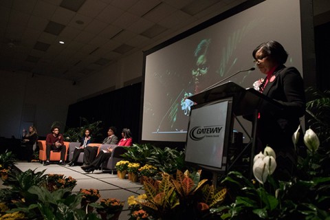 Moderator Adelene Greene poses a question to panelists during a discussion of whether Dr. Martin Luther King's dream is alive and well today, during Gateway Technical College's 24th Annual Dr. Martin Luther King Jr. Celebration.