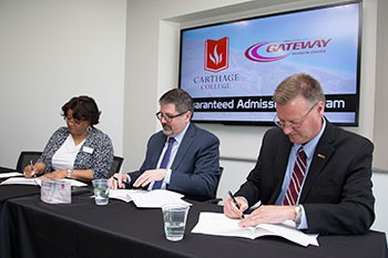l-r, Gateway Technical College Executive Vice President/Provost Zina Haywood, Carthage College Provost David Garcia, Gateway Technical College President and CEO Bryan Albrecht.