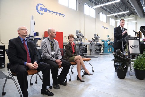 Gateway Technical College president and CEO Bryan Albrecht spoke at the event. (l-r) Mike Reader, president and CEO of Precision Plus; Ben McFarland, Gateway instructor and manufacturing programs chair; and Rebecca Kleefisch, Wisconsin Lt. Governor.
